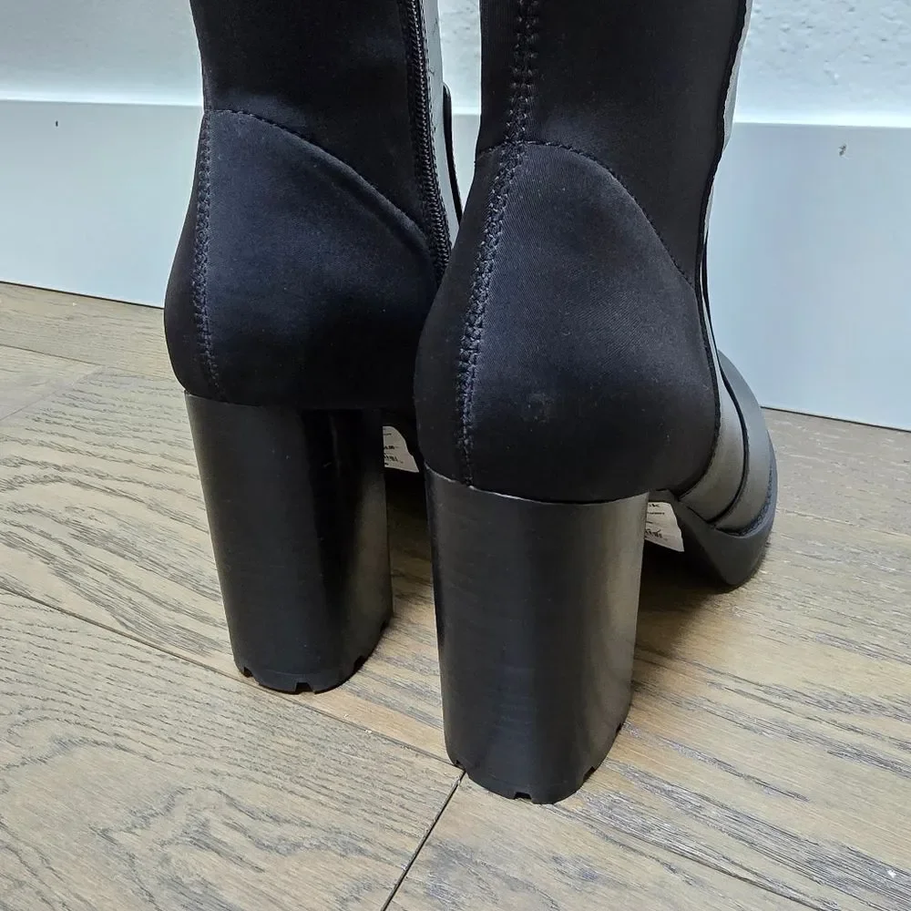 Charles David Gala Leather Tall Pointed Toe Lug Sole Block Heel Boot in Black